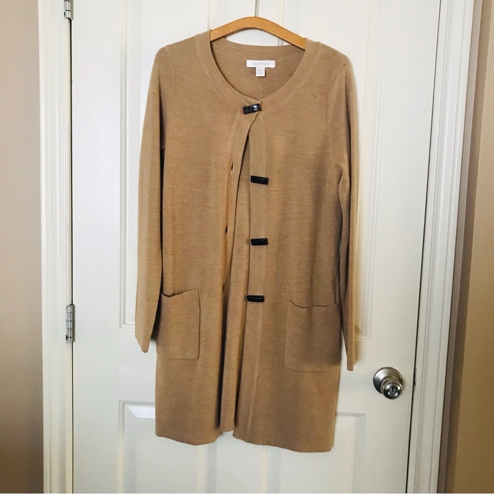 Ellen Tracy Tan Wool Blend Long Cardigan with Black Buttons Size Large